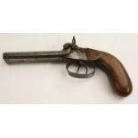 A 19th century double barrel percusion pistol, 11cm barrels, walnut stock, 23.