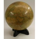 A 12" library globe, by George Phillip & Son Ltd for Georama Ltd, ebonised X-frame stand, 35cm high,