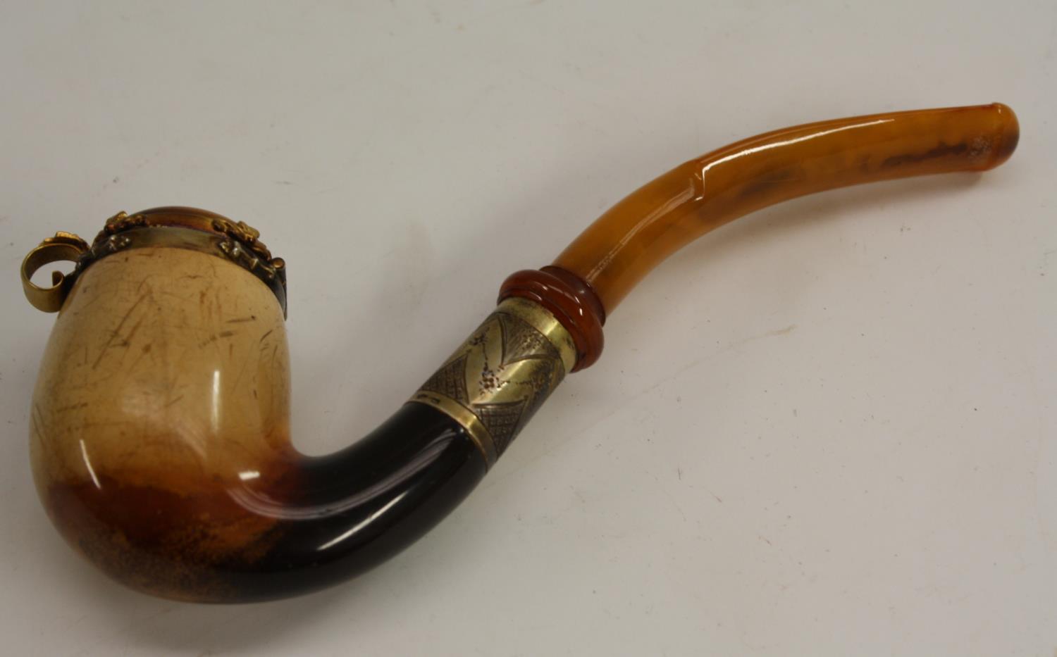 An Austrian silver-gilt and amber mounted meerschaum pipe, hinged cover, 17cm long, c. - Image 3 of 3