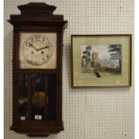 An early 20th century oak wall clock etc.
