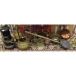 A near pair of large Tilley Lamps; copper pot; jam pan; burner;