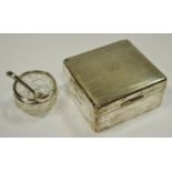 A silver cigarette box, sandalwood lining, William Neale, Birmingham, 1926; a silver mounted salt,