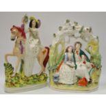 A Victorian Staffordshire figural group flat back of a lady on horseback;