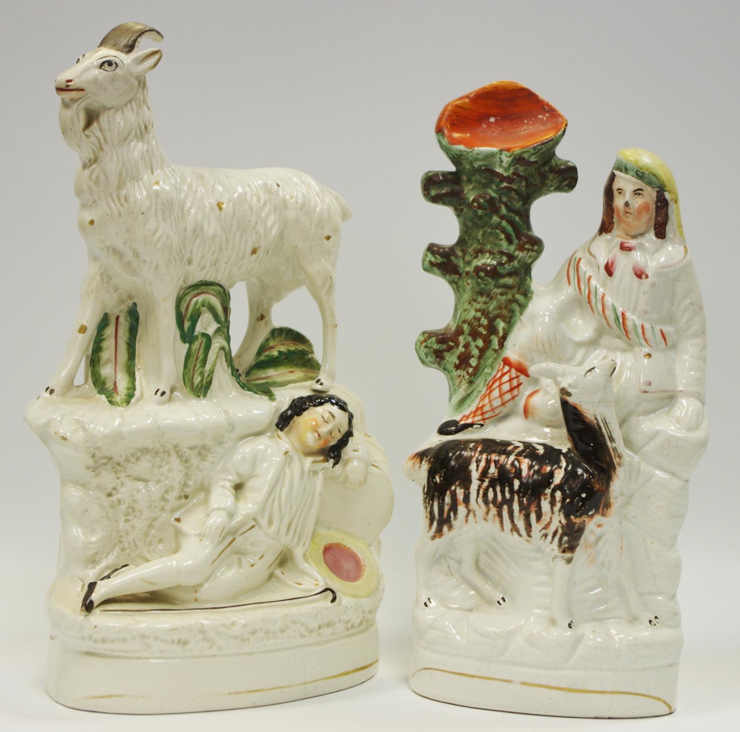 Two Victorian Staffordshire flat back figural groups including Goat with sleeping boy and another c.