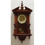 A reproduction acanthus capped mahogany pine and walnut wall clock, with porcelain dial,