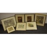 Thee 19th century coloured etchings; a Cubism / modernism graphite study; other originals,