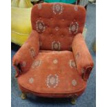 A bedroom/child's armchair, high back, outswept arms, turned supports, stuffed overseat,