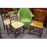 A 19th century vernacular elm side chair, tapered rectangular back with vasular splat, boarded seat,