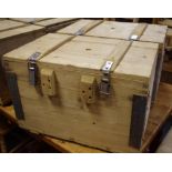 A pair of metal bound pine industrial storage boxes (metal swing handles for fitting). 40.