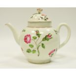 An 18th century Worcester globular teapot and cover, hand painted with roses, rose bud finial c.