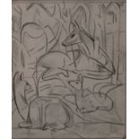 F Marc Expressionist Composition, Deer in a Wood bears signature. pencil drawing, 19.5cm x 16.