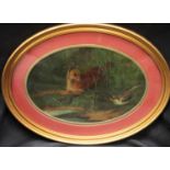 Wheeler (19th century) The Chase, a Fox in Pursuit of a Duck initialled JW, oil on board, oval,