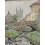 English School (early 20th century) Church From Bridge signed with initials, watercolour,