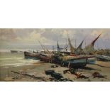 English School (contemporary) Beached Fishing Boats indistinctly signed, oil on canvas,