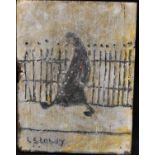 Lowry Figure Walking bears signature, oil on panel,