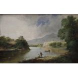 English School (19th century) Fishing in an Extensive Landscape signed with initials JMc?,