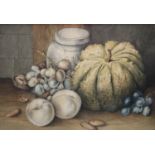 English School (19th century) Still Life, Melon, Grapes, Peaches and Nuts signed with initials EM,