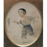 R Ludovici (19th century) Italian Street Urchin, Performing a Trick signed, watercolour, oval mount,