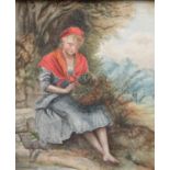 English School (19th Century) Romany Girl with a Birds Nest watercolour,