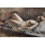Julien D** Reclining Nude indistinctly signed, oil on board, 35.5cm x 53.