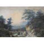 English School (18th century) Picturesque Landscape with Figures on a Bridge watercolour, 21cm x 29.