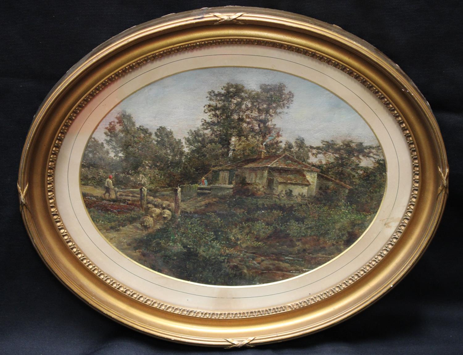 English School (19th century) Letting Out the Flock oil on canvas laid on board, oval 23cm x 30.