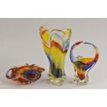 A Murano studio glass tricorn vase, of fluid form in rainbow shades of yellow, red and blue, 27cm,