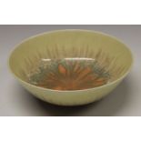 A Ruskin matt crystalline bowl, drip glazed in yellow, sea green and orange, 19.