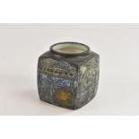 A Troika marmalade pot by Linda Taylor, each textured side incised with geometric shapes,