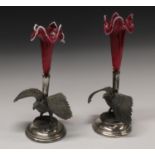 A pair of E.P.B.M specimen vases, as eagles, cranberry glass flutes with opaque edges, 26.