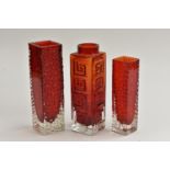 A Whitefriars Greek Key vase, designed by Geoffrey Baxter, textured effect in ruby,