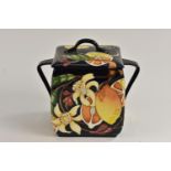 A contemporary Moorcroft Lemons and Blossom pattern square sided two handled biscuit barrel and
