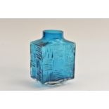 A Whitefriars Stitched Cube vase, designed by Geoffrey Baxter, textured effect in kingfisher blue,