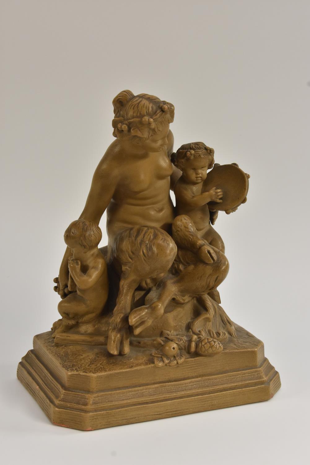 After Clodion, a French painted terracotta group, a satyress seated with her musical offspring,