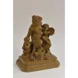 After Clodion, a French painted terracotta group, a satyress seated with her musical offspring,