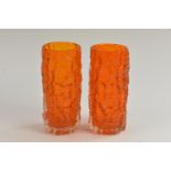 A pair of Whitefriars cylindrical textured bark vases, in tangerine, designed by Geoffrey Baxter,