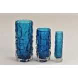 A Whitefriars Textured Bark cylindrical vase, designed by Geoffrey Baxter, in kingfisher blue,