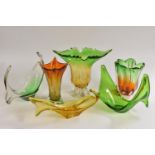 A Murano Sommerso glass splash type vase, in shades of green and amber, 23cm; a similar vase, 17.