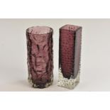 A Whitefriars Nailhead square sided vase, designed by Geoffrey Baxter, textured effect in aubergine,