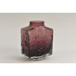 A Whitefriars Stitched Cube vase, designed by Geoffrey Baxter, textured effect in aubergine,