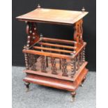 A Victorian rosewood Canterbury whatnot, rectangular top with scrolling foliate end supports,