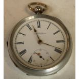A Continental open face Waltham pocket watch, white enamel dial, Roman numerals, minute track,