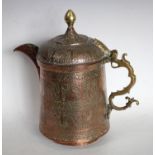 An Islamic Middle Eastern copper flagon, of typical Turkish form, chased overall with figures,