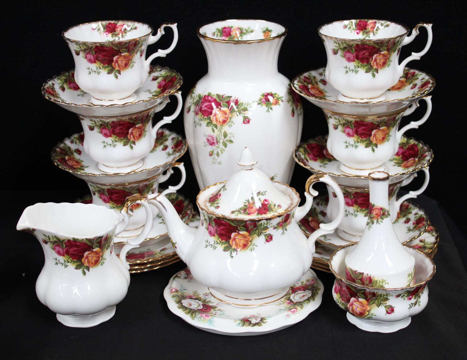 A Royal Albert Old Country Rose pattern six setting tea set, including bachelors tea pot, cups,