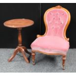 A 'Victorian' oak framed spoonback nursing/boudoir chair;