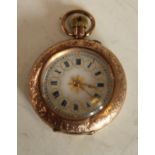 A Cuivre ladies pocket watch, 9k gold case, gilt decorated white dial,