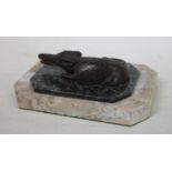 A novelty desk weight, as a Nile crocodile, canted rectangular stepped marble base, 15.