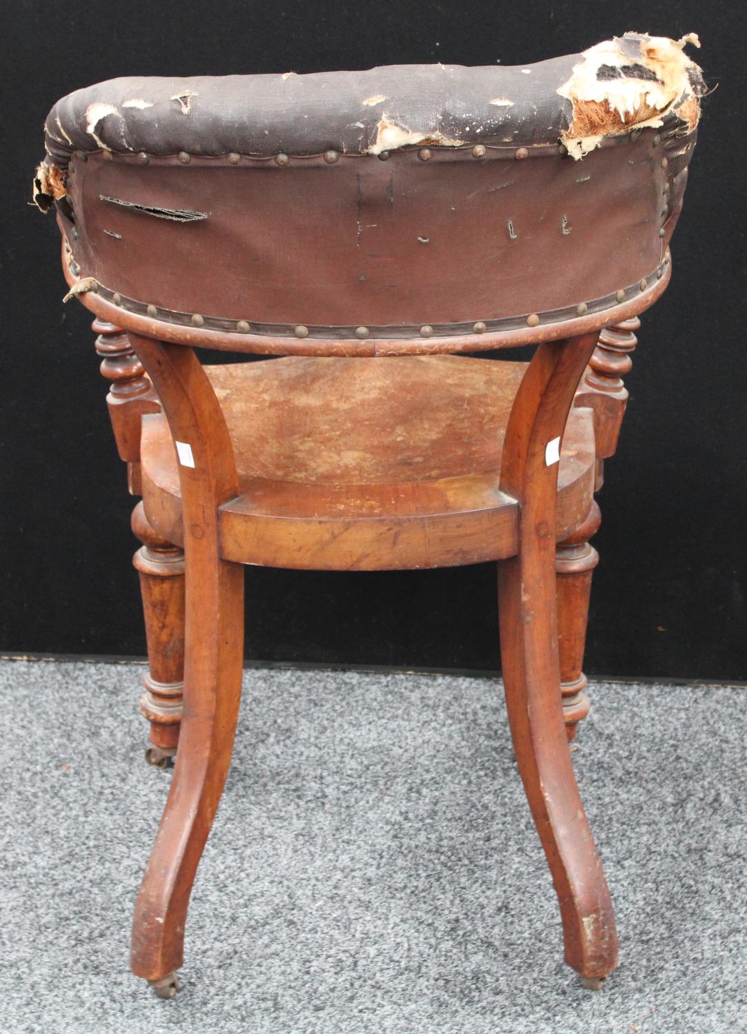 A Victorian club/tub type desk chair, curved button back, saddle seat, turned forelegs, - Image 4 of 5