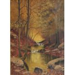 F Leubner Woodland Landscape with stream signed, dated 1907,