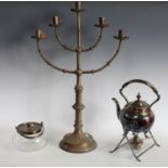 Metalware - a brass five branch altar candelabrum; EPNS spirit kettle;